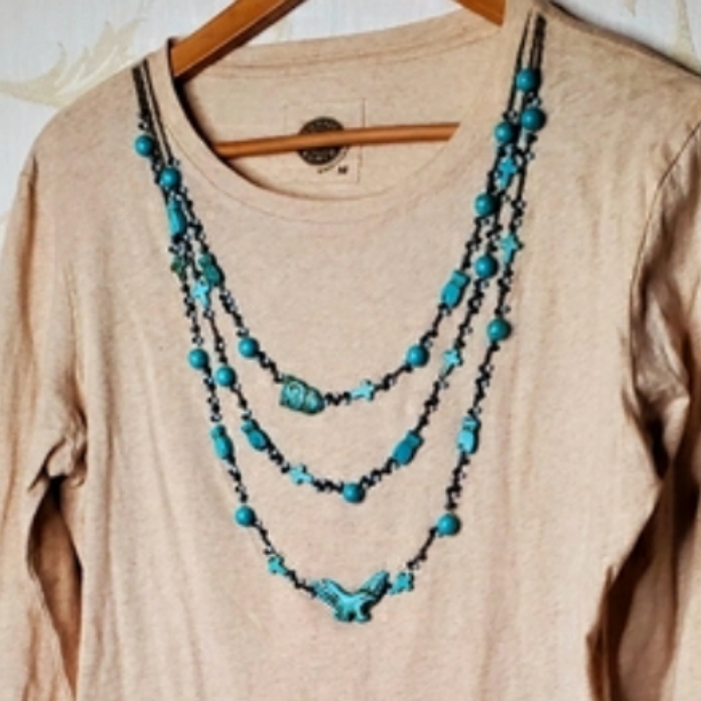 Double D Ranch Sand Stone TURQOUISE DETAIL BEADED Longsleeve Top Medium